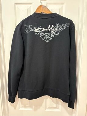 Y2K Oakley women’s Black Crewneck Sweatshirt with Grey Wing Graphic large